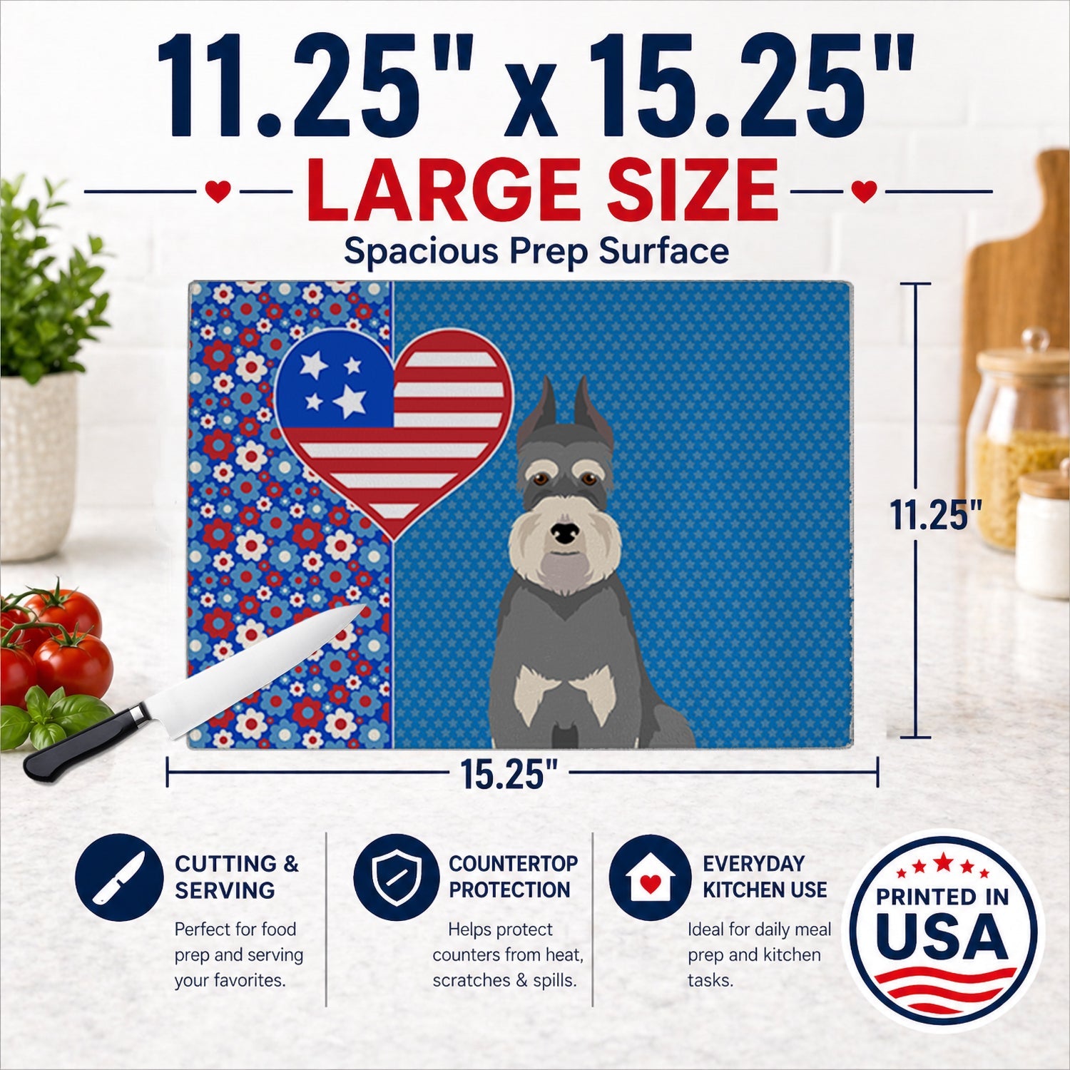 Salt Pepper Schnauzer USA American Cutting Board Tempered Glass Kitchen Cutting Surface, Heat Resistant Chopping, Non-Slip Feet, Food Prep & Serving