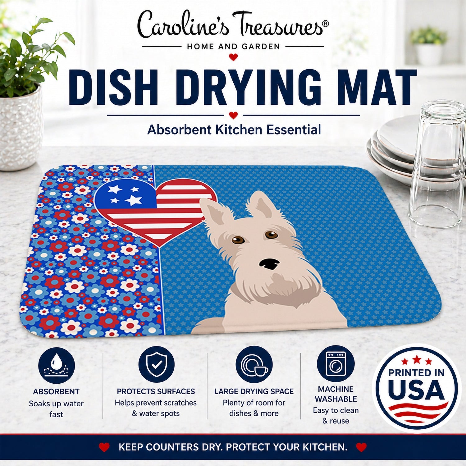 Wheaten Scottish Terrier USA American Dish Drying Mat Absorbent Dish Drying Mat Pad for Kitchen Counter Dish Drainer Mat for Countertop, 14 x 21", Multicolor