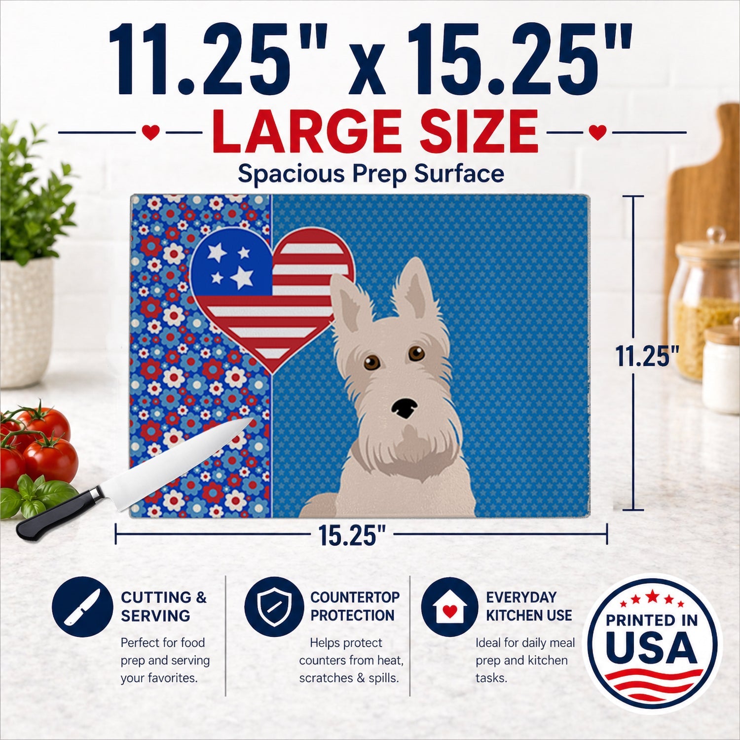 Wheaten Scottish Terrier USA American Cutting Board Tempered Glass Kitchen Cutting Surface, Heat Resistant Chopping, Non-Slip Feet, Food Prep & Serving