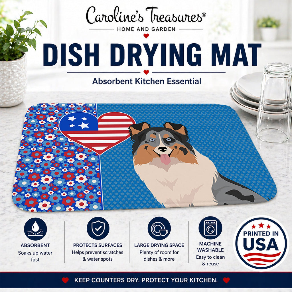 Blue Merle Sheltie USA American Dish Drying Mat Absorbent Dish Drying Mat Pad for Kitchen Counter Dish Drainer Mat for Countertop, 14 x 21", Multicolor