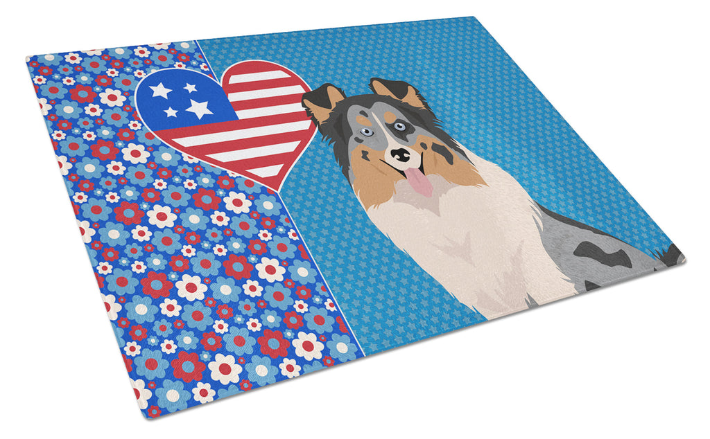 Blue Merle Sheltie USA American Cutting Board Tempered Glass Kitchen Cutting Surface, Heat Resistant Chopping, Non-Slip Feet, Food Prep & Serving