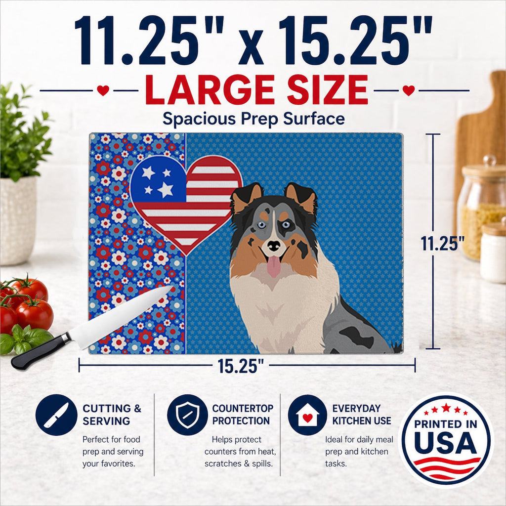 Blue Merle Sheltie USA American Cutting Board Tempered Glass Kitchen Cutting Surface, Heat Resistant Chopping, Non-Slip Feet, Food Prep & Serving
