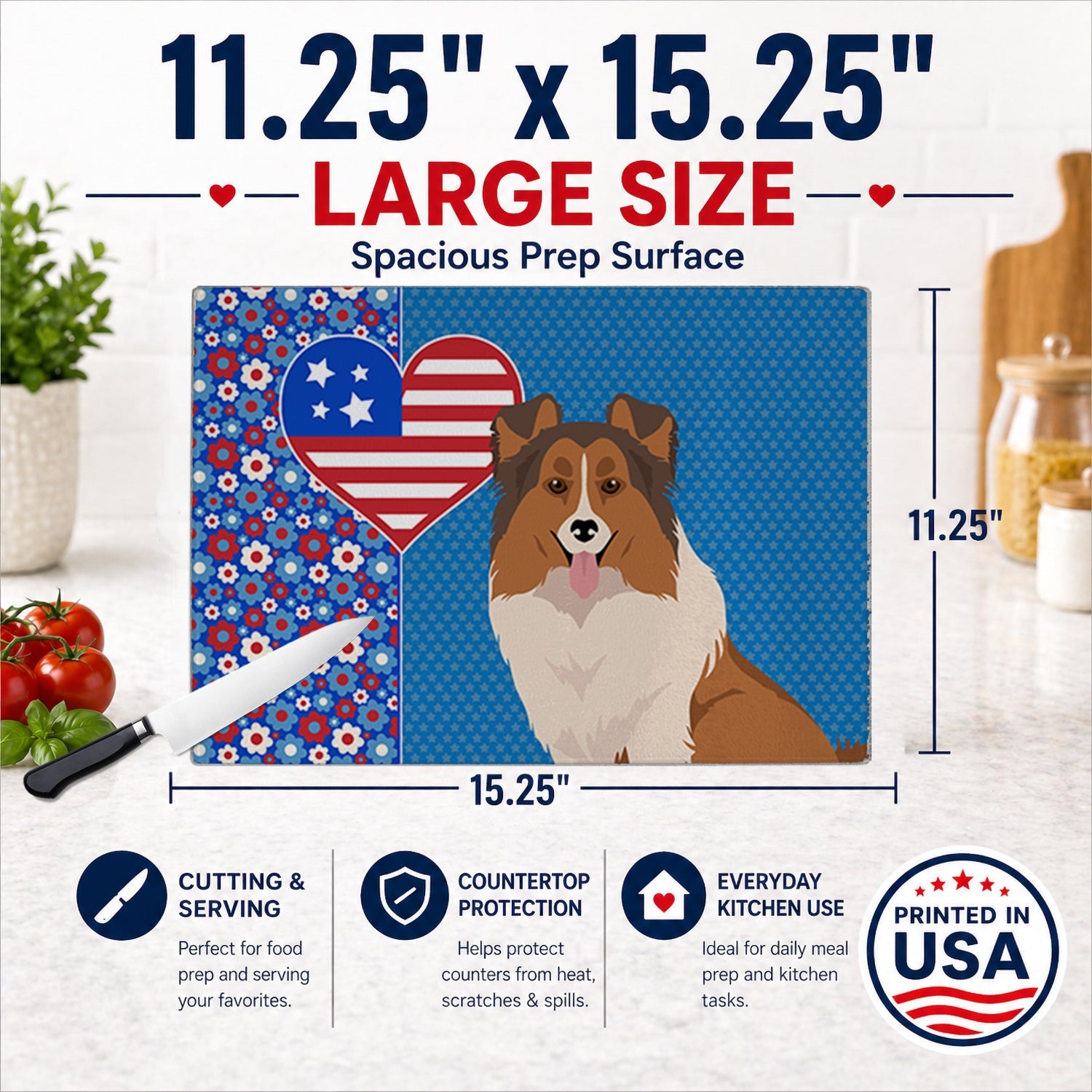 Sable Sheltie USA American Cutting Board Tempered Glass Kitchen Cutting Surface, Heat Resistant Chopping, Non-Slip Feet, Food Prep & Serving