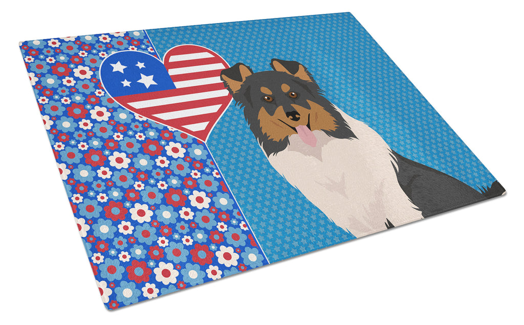 Tricolor Sheltie USA American Cutting Board Tempered Glass Kitchen Cutting Surface, Heat Resistant Chopping, Non-Slip Feet, Food Prep & Serving