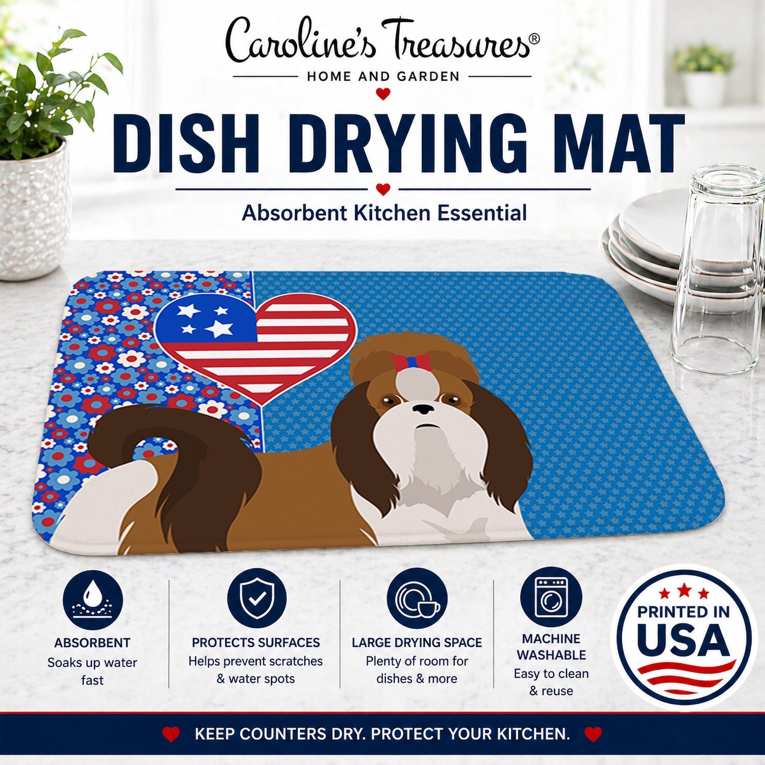 Red and White Shih Tzu USA American Dish Drying Mat Absorbent Dish Drying Mat Pad for Kitchen Counter Dish Drainer Mat for Countertop, 14 x 21", Multicolor