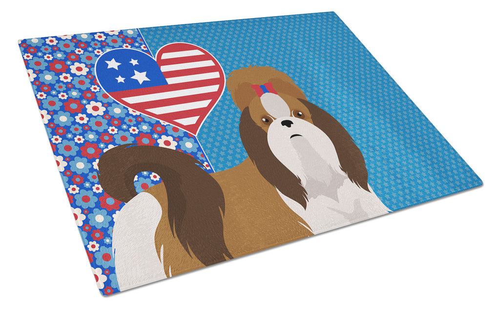 Red and White Shih Tzu USA American Cutting Board Tempered Glass Kitchen Cutting Surface, Heat Resistant Chopping, Non-Slip Feet, Food Prep & Serving