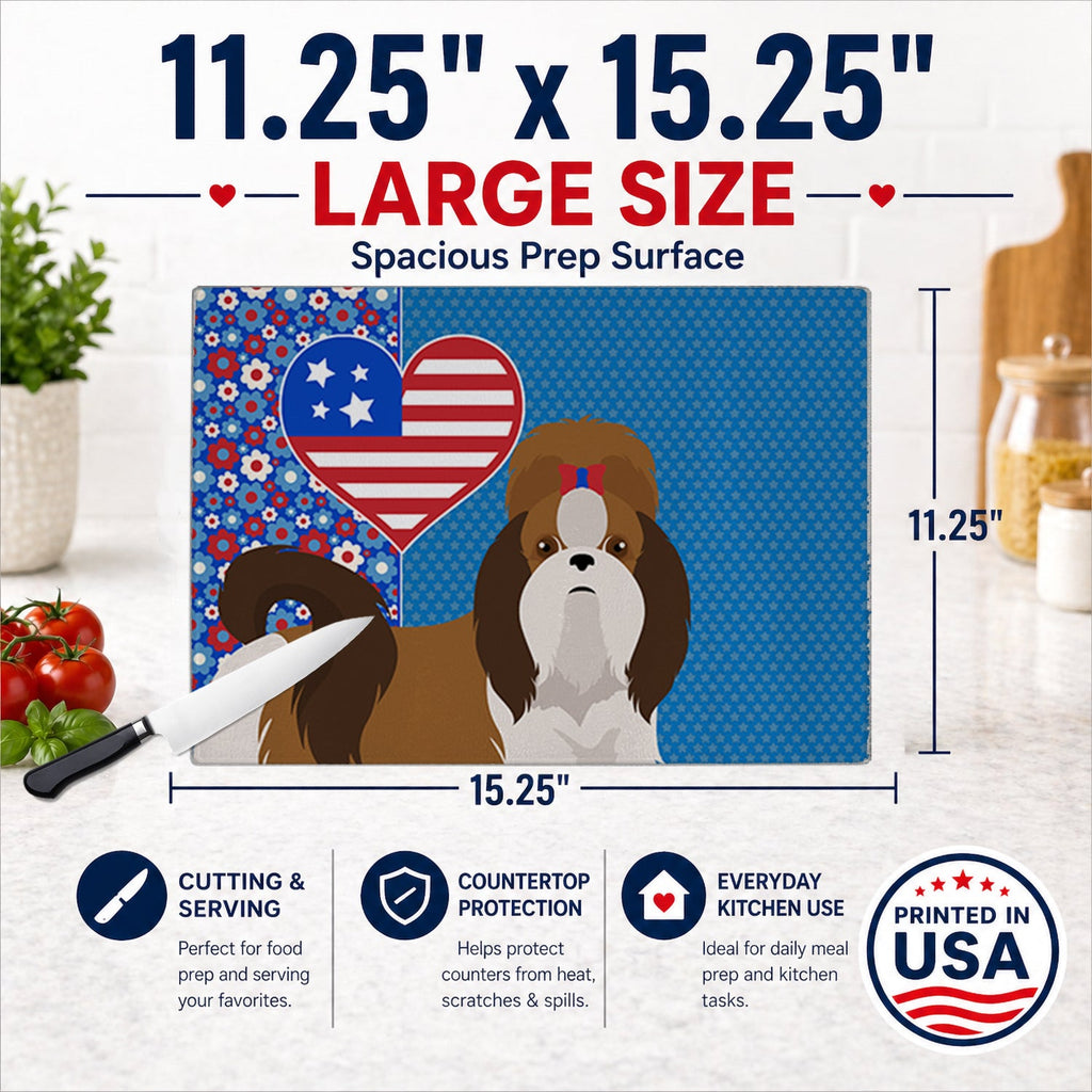 Red and White Shih Tzu USA American Cutting Board Tempered Glass Kitchen Cutting Surface, Heat Resistant Chopping, Non-Slip Feet, Food Prep & Serving