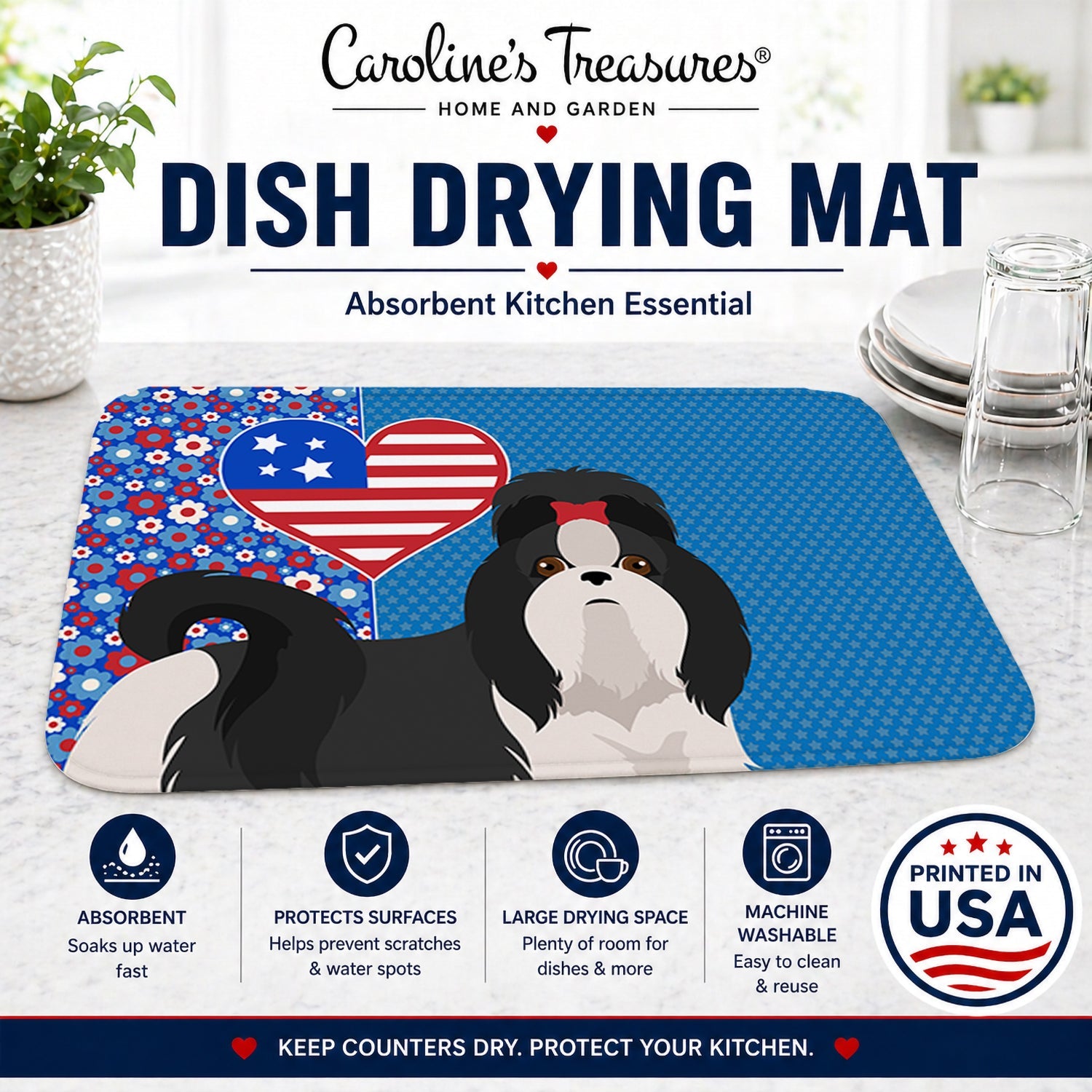 Black and White Shih Tzu USA American Dish Drying Mat Absorbent Dish Drying Mat Pad for Kitchen Counter Dish Drainer Mat for Countertop, 14 x 21", Multicolor