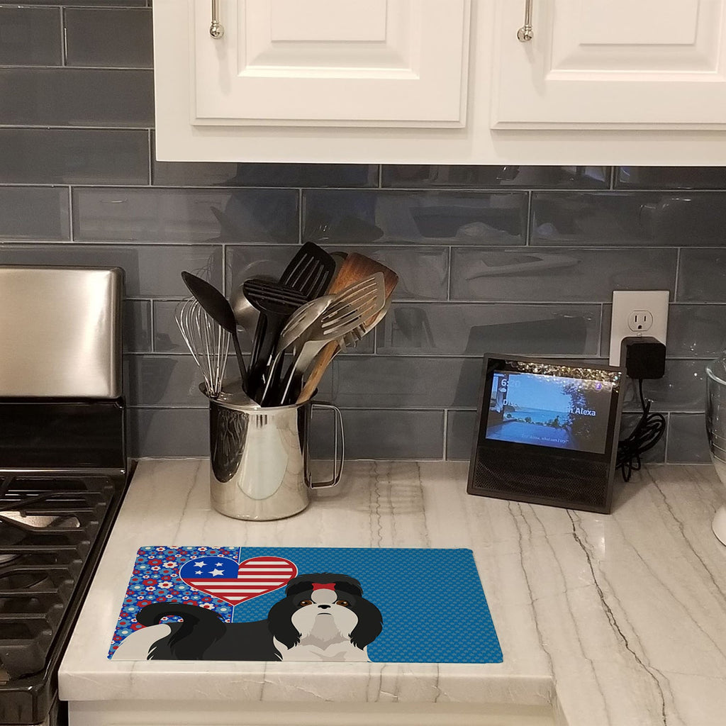 Black and White Shih Tzu USA American Cutting Board Tempered Glass Kitchen Cutting Surface, Heat Resistant Chopping, Non-Slip Feet, Food Prep & Serving