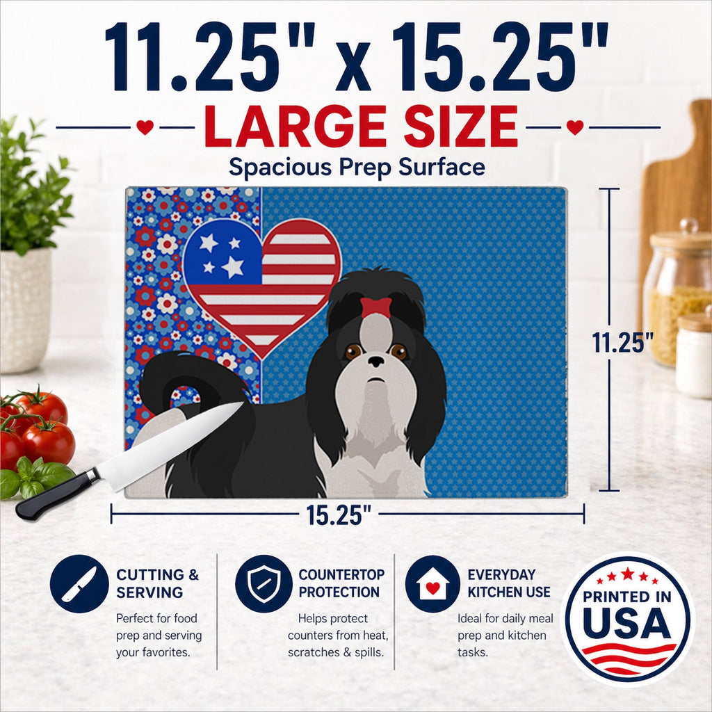 Black and White Shih Tzu USA American Cutting Board Tempered Glass Kitchen Cutting Surface, Heat Resistant Chopping, Non-Slip Feet, Food Prep & Serving
