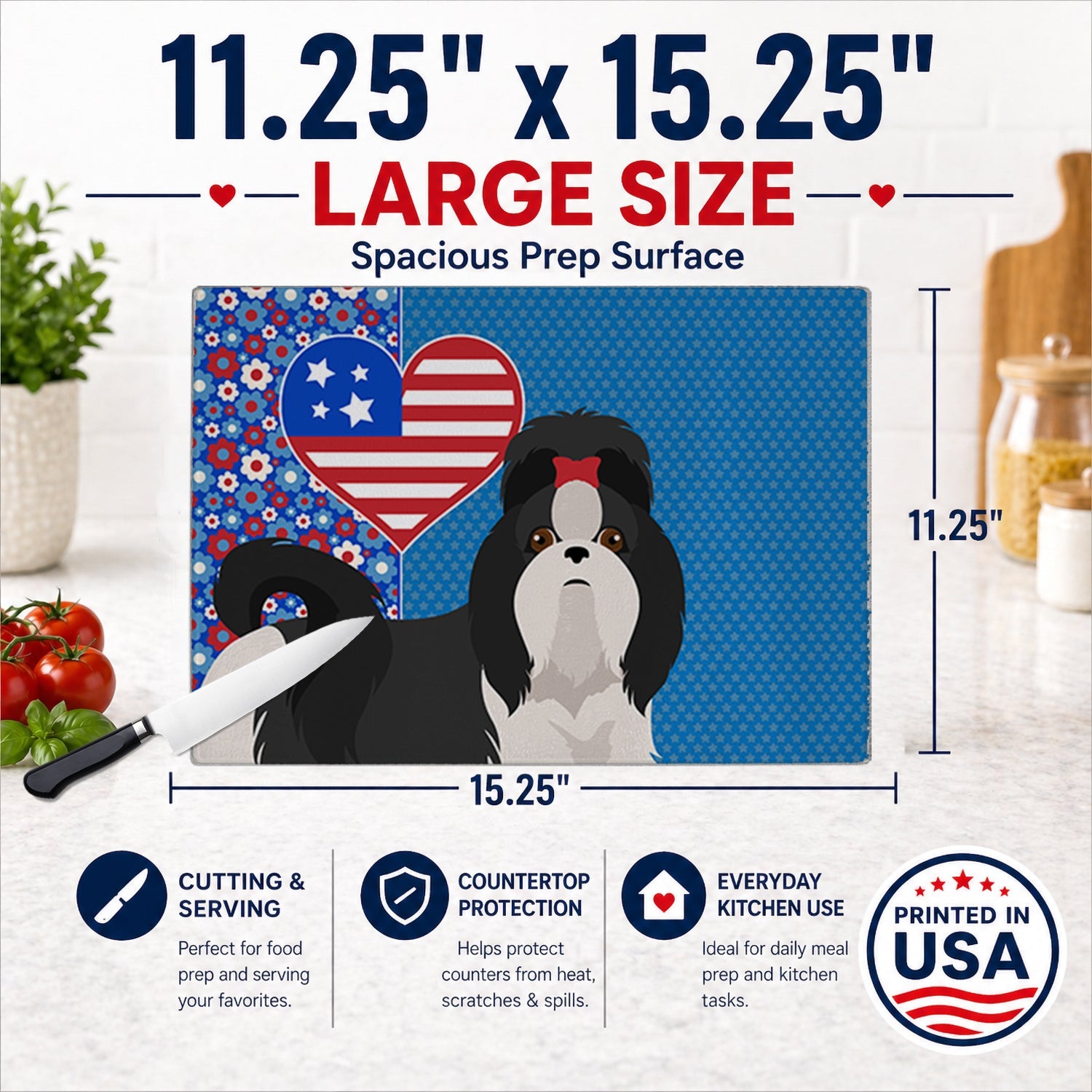 Black and White Shih Tzu USA American Cutting Board Tempered Glass Kitchen Cutting Surface, Heat Resistant Chopping, Non-Slip Feet, Food Prep & Serving