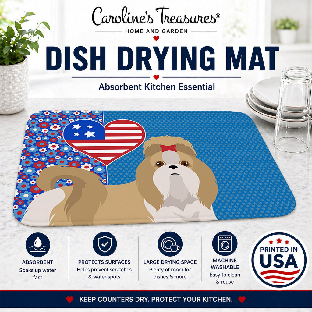 Gold and White Shih Tzu USA American Dish Drying Mat Absorbent Dish Drying Mat Pad for Kitchen Counter Dish Drainer Mat for Countertop, 14 x 21", Multicolor