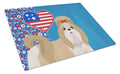Gold and White Shih Tzu USA American Cutting Board Tempered Glass Kitchen Cutting Surface, Heat Resistant Chopping, Non-Slip Feet, Food Prep & Serving