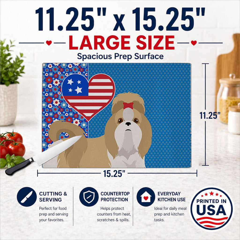 Gold and White Shih Tzu USA American Cutting Board Tempered Glass Kitchen Cutting Surface, Heat Resistant Chopping, Non-Slip Feet, Food Prep & Serving