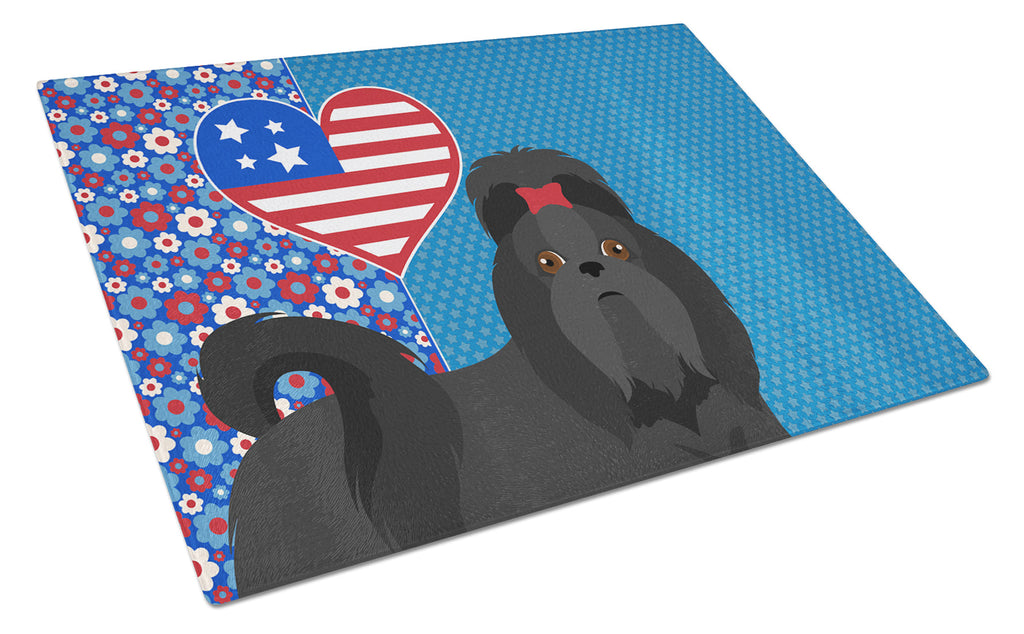 Black Shih Tzu USA American Cutting Board Tempered Glass Kitchen Cutting Surface, Heat Resistant Chopping, Non-Slip Feet, Food Prep & Serving