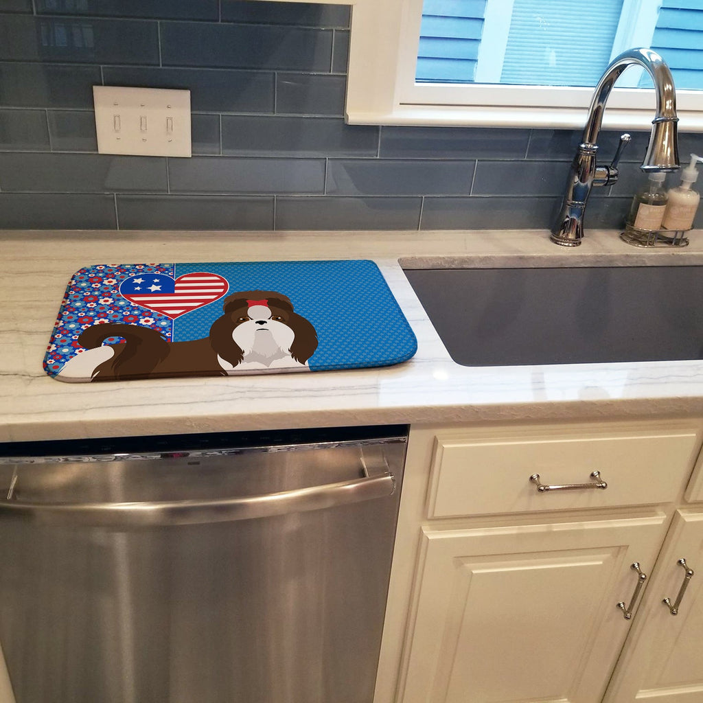 Liver and White Shih Tzu USA American Dish Drying Mat Absorbent Dish Drying Mat Pad for Kitchen Counter Dish Drainer Mat for Countertop, 14 x 21", Multicolor