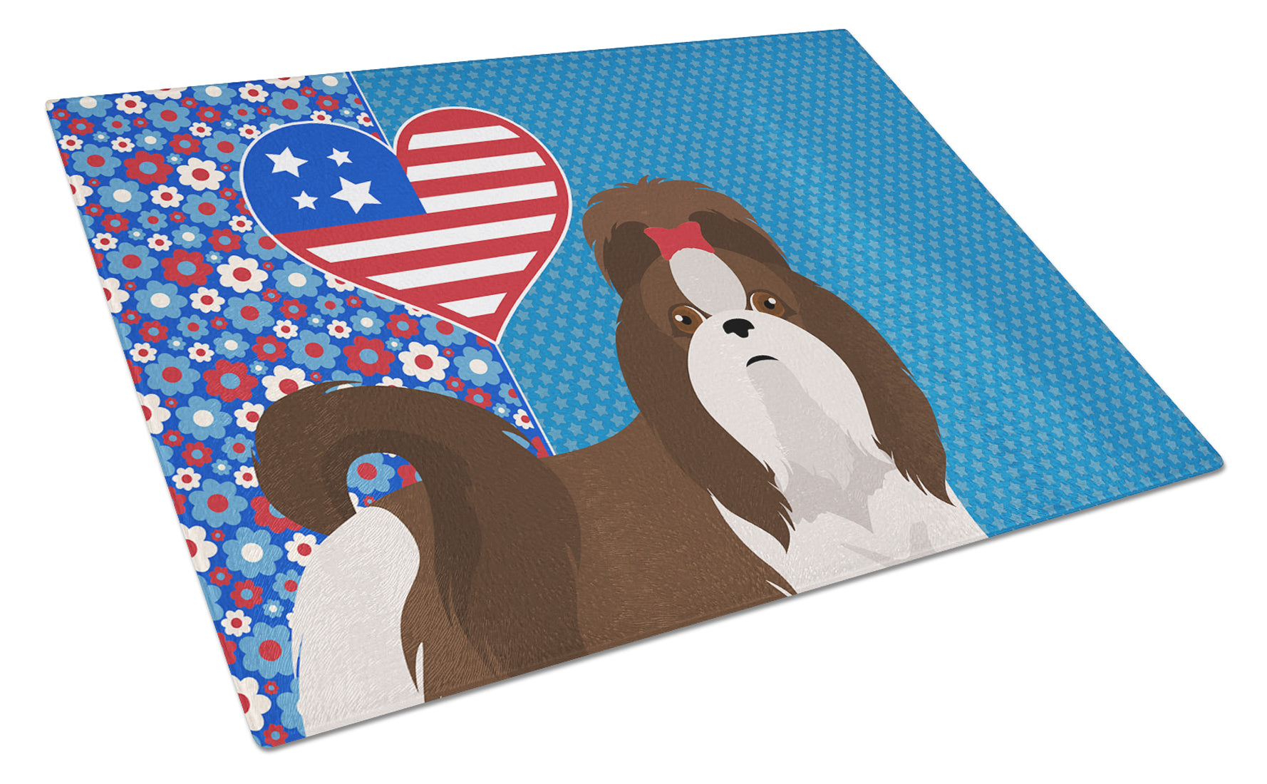 Liver and White Shih Tzu USA American Cutting Board Tempered Glass Kitchen Cutting Surface, Heat Resistant Chopping, Non-Slip Feet, Food Prep & Serving