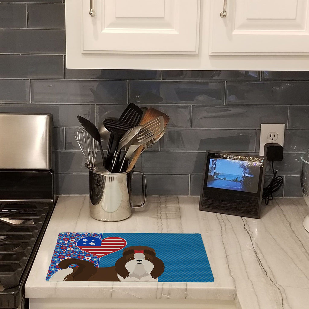 Liver and White Shih Tzu USA American Cutting Board Tempered Glass Kitchen Cutting Surface, Heat Resistant Chopping, Non-Slip Feet, Food Prep & Serving