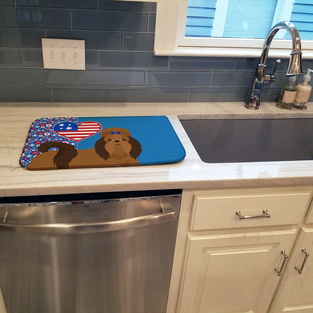 Red Shih Tzu USA American Dish Drying Mat Absorbent Dish Drying Mat Pad for Kitchen Counter Dish Drainer Mat for Countertop, 14 x 21", Multicolor