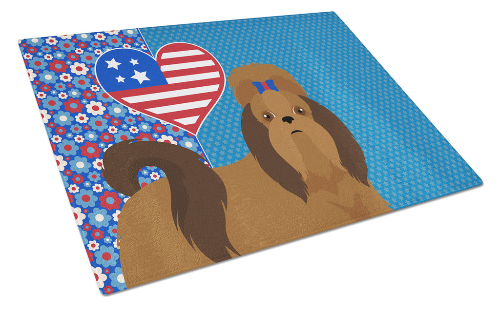 Red Shih Tzu USA American Cutting Board Tempered Glass Kitchen Cutting Surface, Heat Resistant Chopping, Non-Slip Feet, Food Prep & Serving