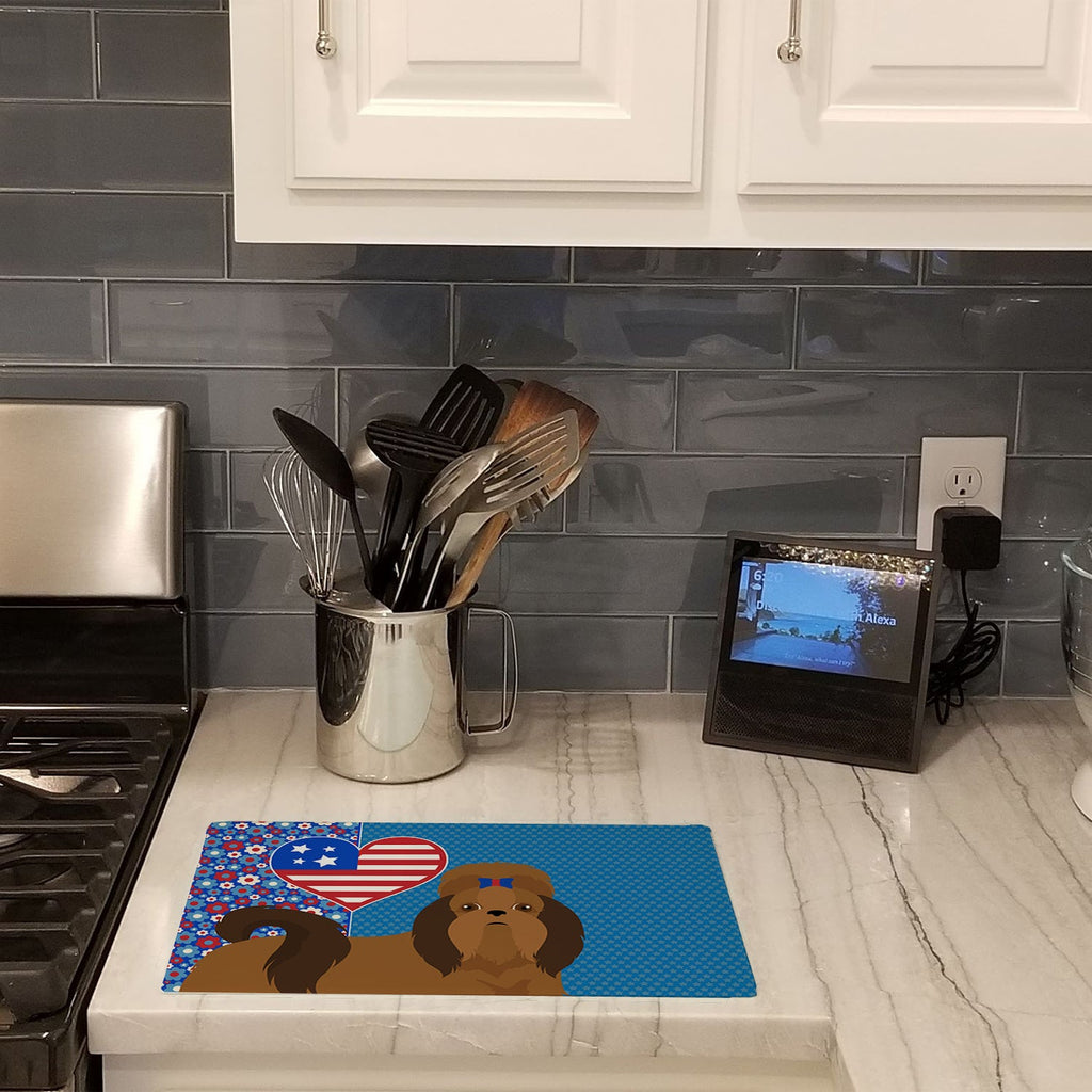 Red Shih Tzu USA American Cutting Board Tempered Glass Kitchen Cutting Surface, Heat Resistant Chopping, Non-Slip Feet, Food Prep & Serving