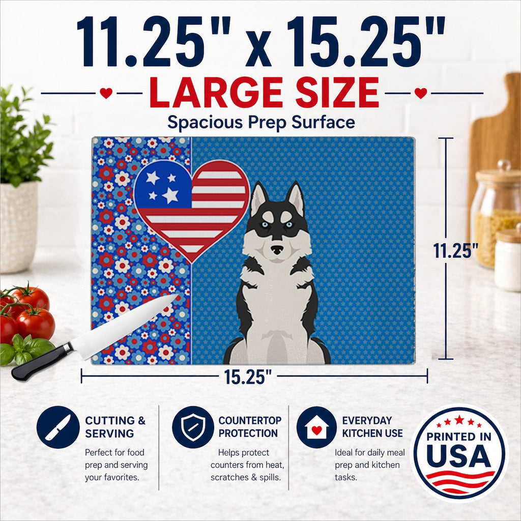 Black Siberian Husky USA American Cutting Board Tempered Glass Kitchen Cutting Surface, Heat Resistant Chopping, Non-Slip Feet, Food Prep & Serving