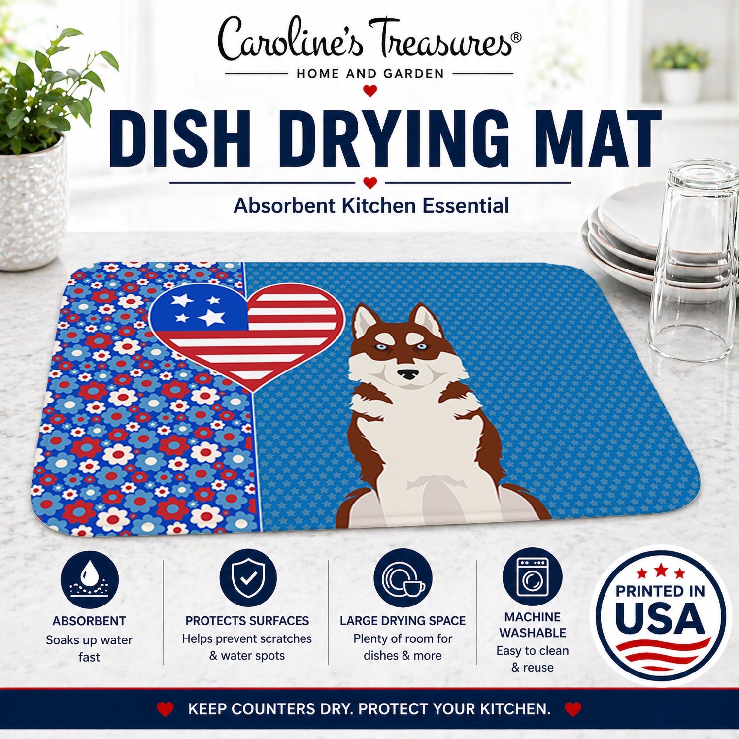 Red Siberian Husky USA American Dish Drying Mat Absorbent Dish Drying Mat Pad for Kitchen Counter Dish Drainer Mat for Countertop, 14 x 21", Multicolor