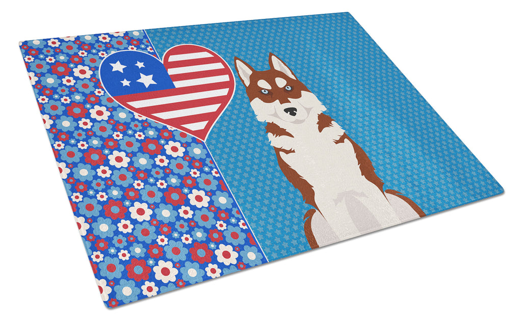 Red Siberian Husky USA American Cutting Board Tempered Glass Kitchen Cutting Surface, Heat Resistant Chopping, Non-Slip Feet, Food Prep & Serving
