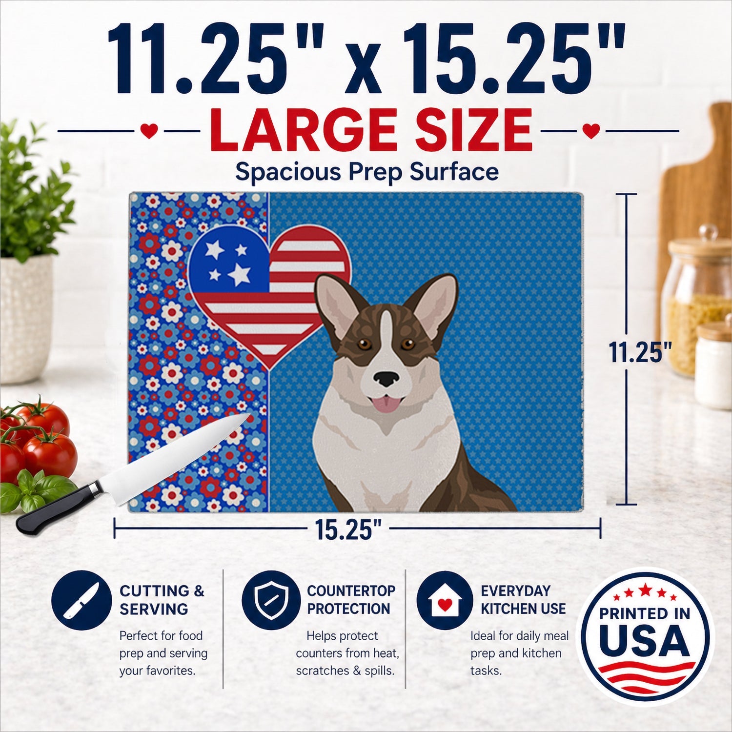 Brindle Cardigan Corgi USA American Cutting Board Tempered Glass Kitchen Cutting Surface, Heat Resistant Chopping, Non-Slip Feet, Food Prep & Serving