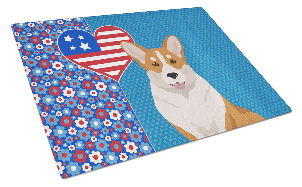 Red Cardigan Corgi USA American Cutting Board Tempered Glass Kitchen Cutting Surface, Heat Resistant Chopping, Non-Slip Feet, Food Prep & Serving
