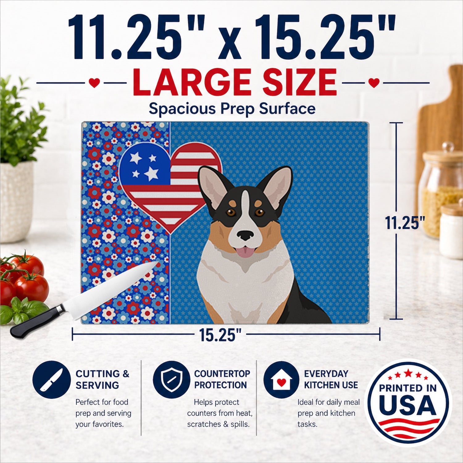Tricolor Cardigan Corgi USA American Cutting Board Tempered Glass Kitchen Cutting Surface, Heat Resistant Chopping, Non-Slip Feet, Food Prep & Serving