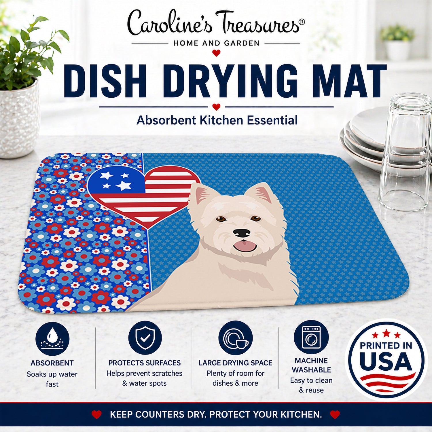 Westie West Highland White Terrier USA American Dish Drying Mat Absorbent Dish Drying Mat Pad for Kitchen Counter Dish Drainer Mat for Countertop, 14 x 21", Multicolor