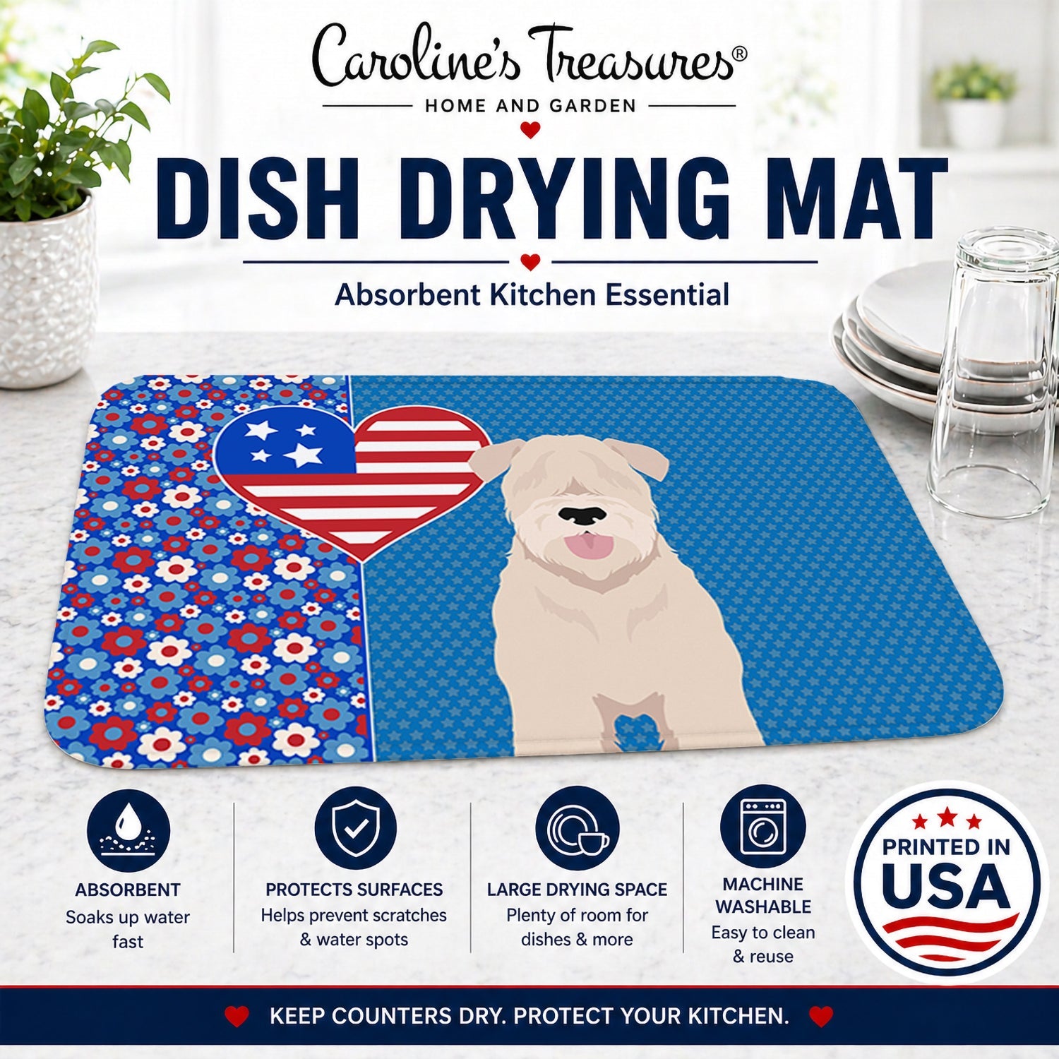 Soft Coated Wheaten Terrier USA American Dish Drying Mat Absorbent Dish Drying Mat Pad for Kitchen Counter Dish Drainer Mat for Countertop, 14 x 21", Multicolor