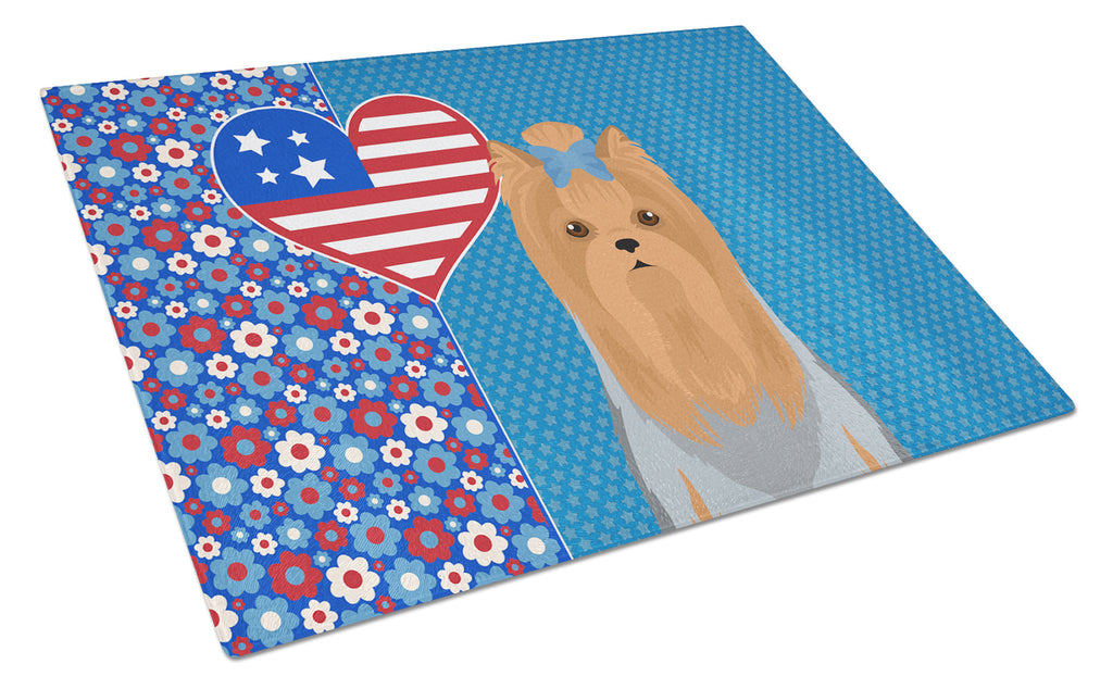 Blue and Tan Full Coat Yorkshire Terrier USA American Cutting Board Tempered Glass Kitchen Cutting Surface, Heat Resistant Chopping, Non-Slip Feet, Food Prep & Serving