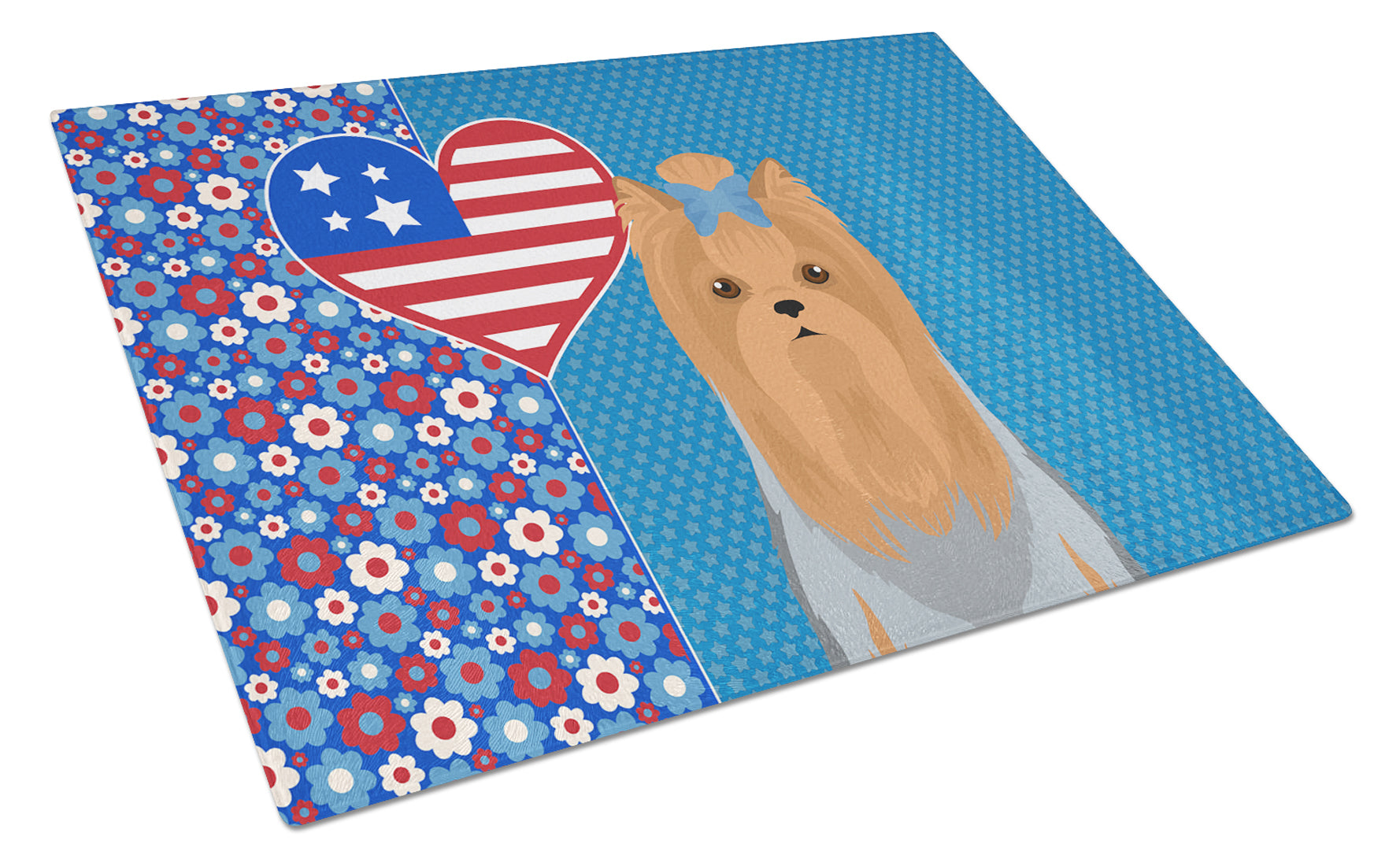 Blue and Tan Full Coat Yorkshire Terrier USA American Cutting Board Tempered Glass Kitchen Cutting Surface, Heat Resistant Chopping, Non-Slip Feet, Food Prep & Serving