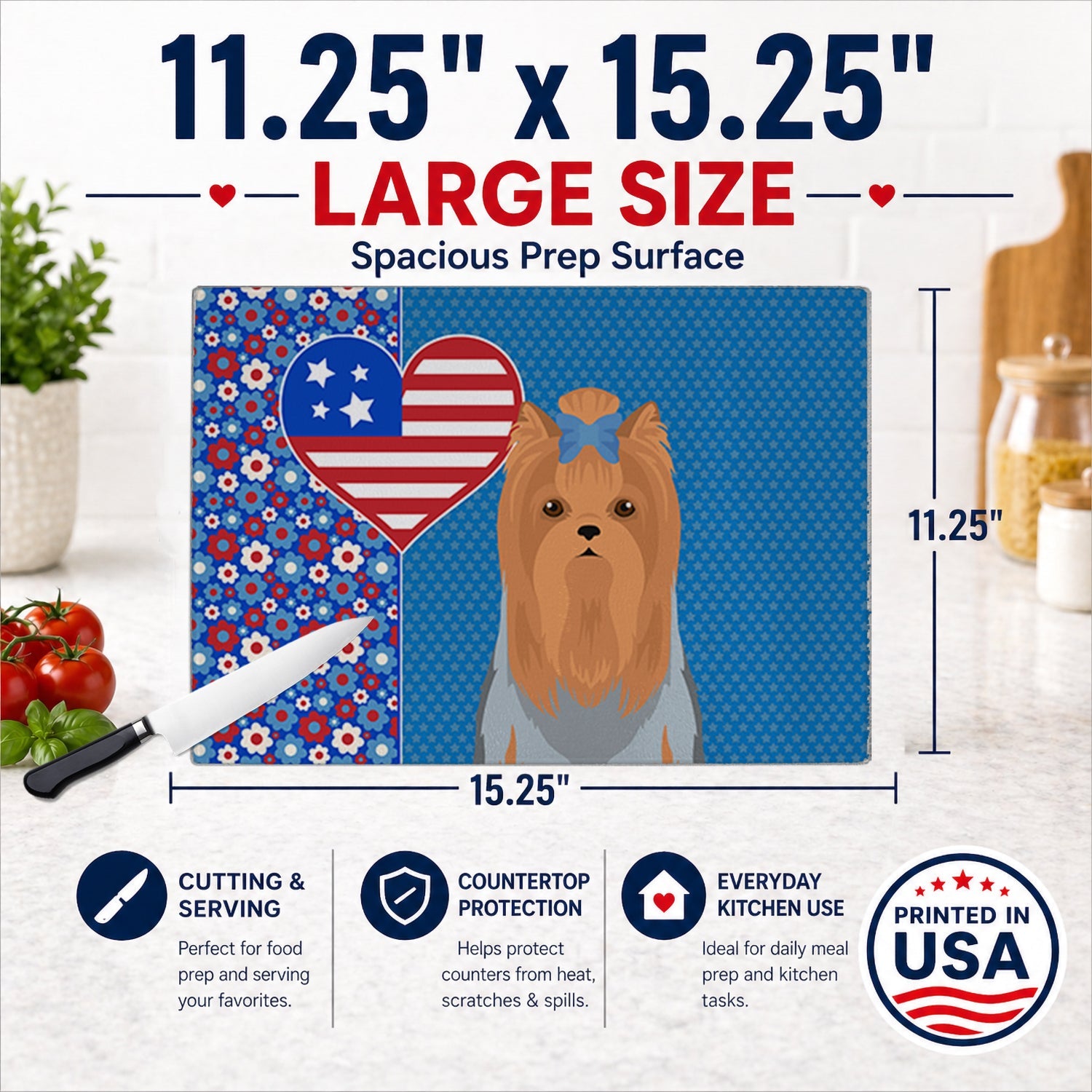 Blue and Tan Full Coat Yorkshire Terrier USA American Cutting Board Tempered Glass Kitchen Cutting Surface, Heat Resistant Chopping, Non-Slip Feet, Food Prep & Serving