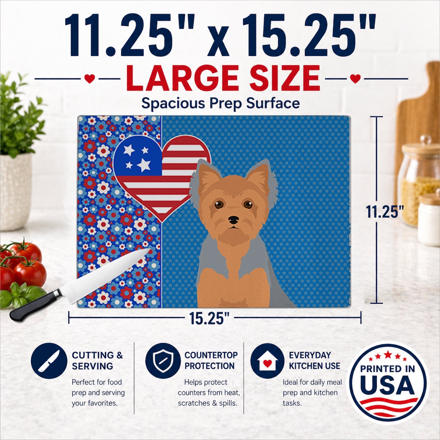 Blue and Tan Puppy Cut Yorkshire Terrier USA American Cutting Board Tempered Glass Kitchen Cutting Surface, Heat Resistant Chopping, Non-Slip Feet, Food Prep & Serving