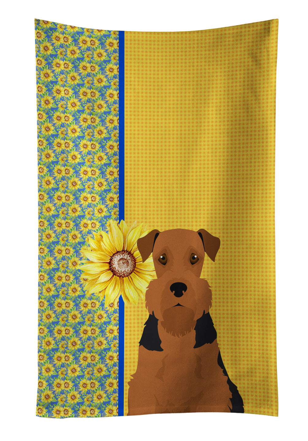 Summer Sunflowers Black and Tan Airedale Terrier Kitchen Towel Velour Plush Front and Cotton Loop Back Machine Washable