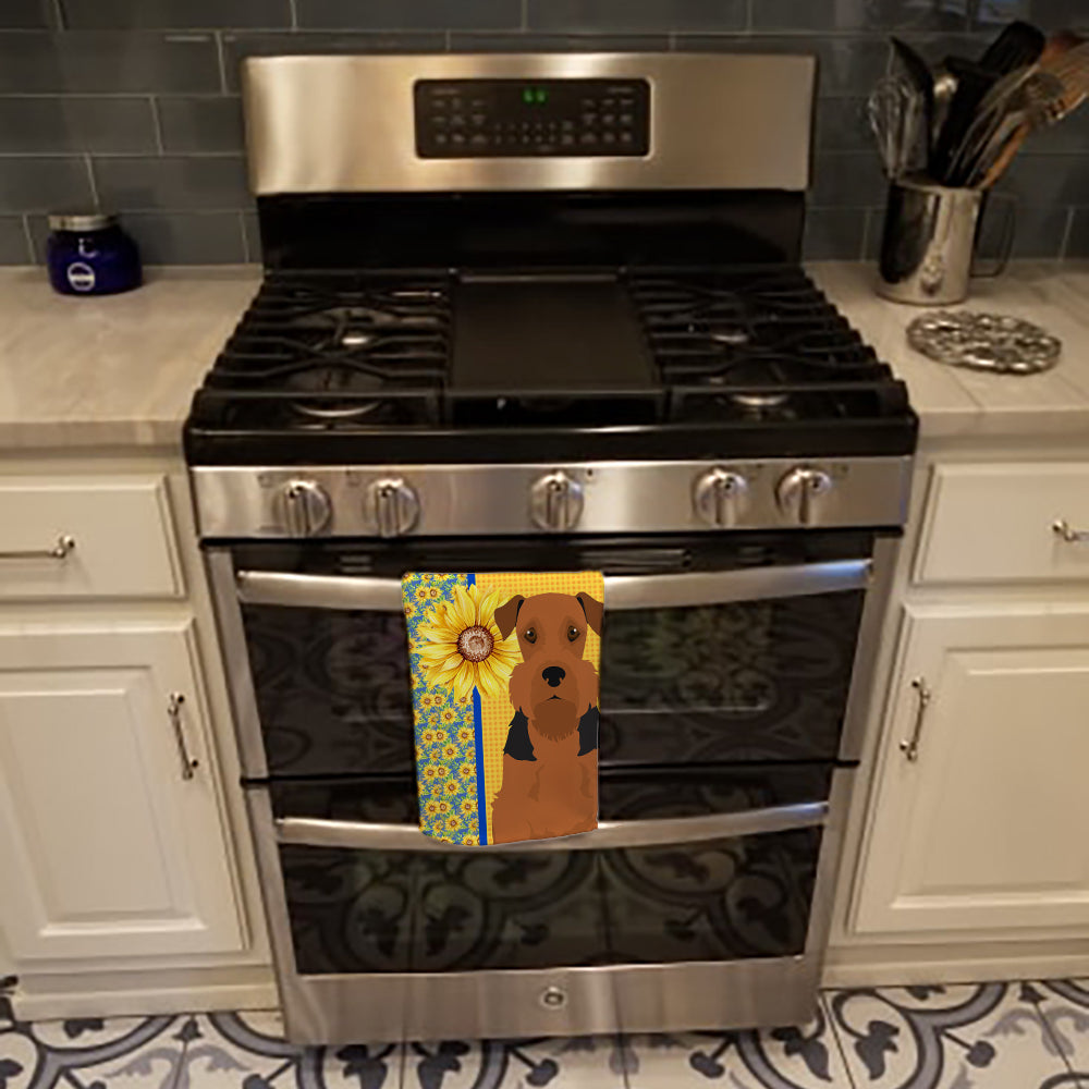 Summer Sunflowers Black and Tan Airedale Terrier Kitchen Towel Velour Plush Front and Cotton Loop Back Machine Washable