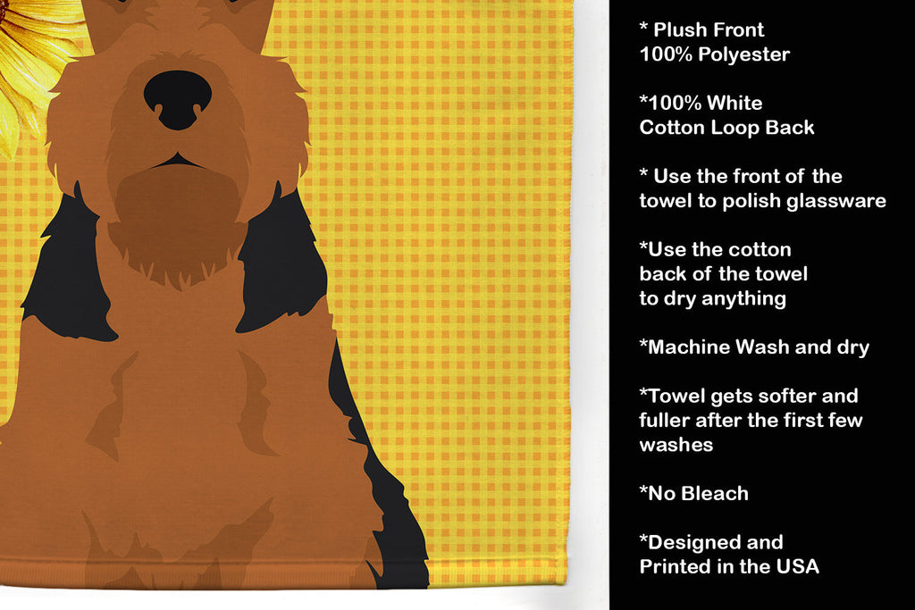 Summer Sunflowers Black and Tan Airedale Terrier Kitchen Towel Velour Plush Front and Cotton Loop Back Machine Washable