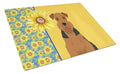 Summer Sunflowers Black and Tan Airedale Terrier Cutting Board Tempered Glass Kitchen Cutting Surface, Heat Resistant Chopping, Non-Slip Feet, Food Prep & Serving