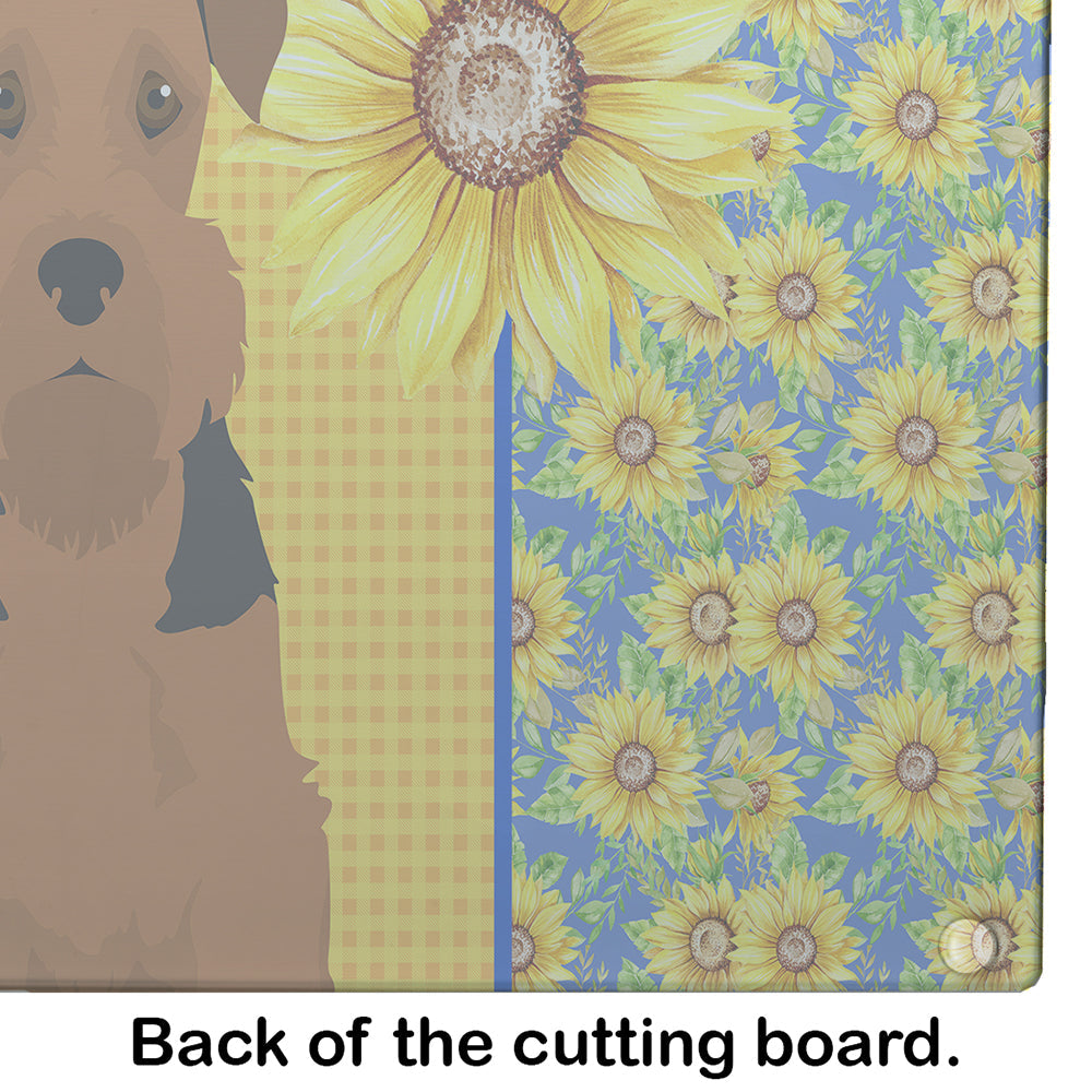 Summer Sunflowers Black and Tan Airedale Terrier Cutting Board Tempered Glass Kitchen Cutting Surface, Heat Resistant Chopping, Non-Slip Feet, Food Prep & Serving