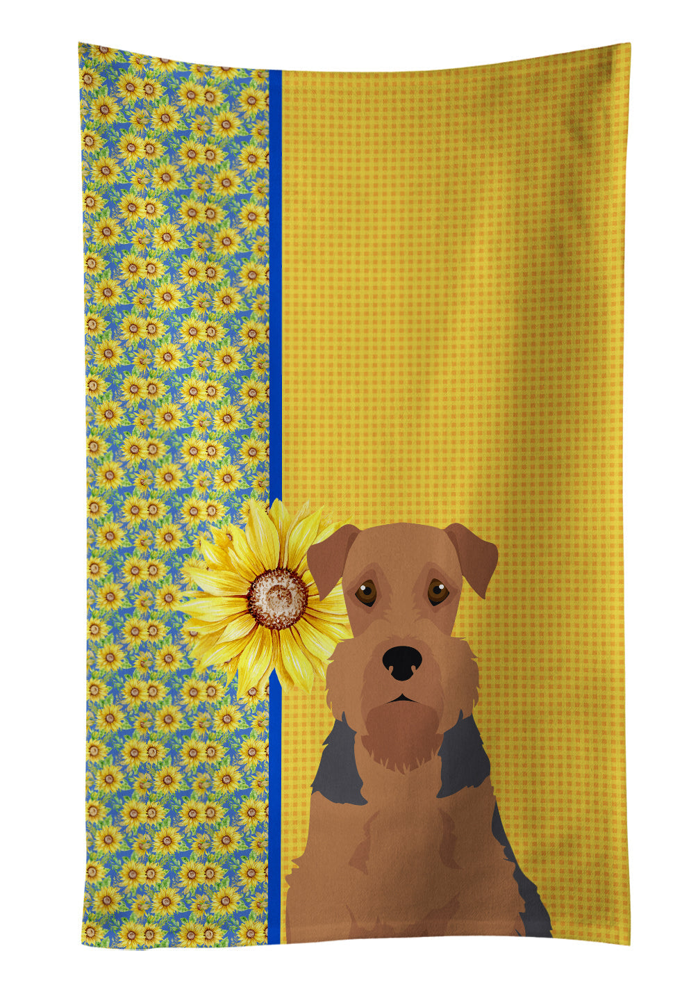 Summer Sunflowers Grizzle and Tan Airedale Terrier Kitchen Towel Velour Plush Front and Cotton Loop Back Machine Washable