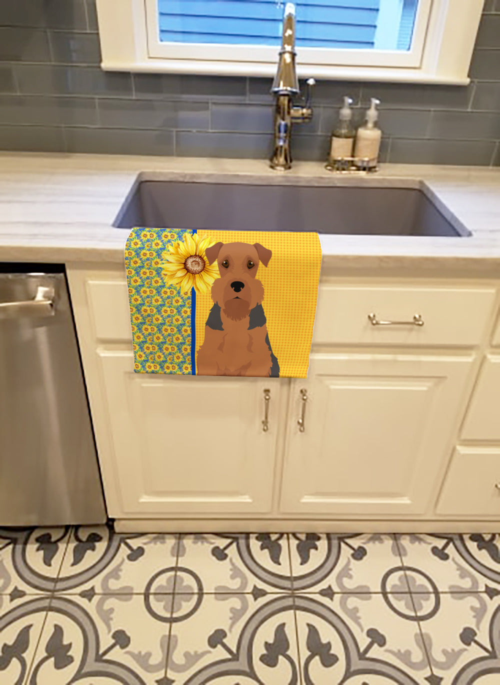 Summer Sunflowers Grizzle and Tan Airedale Terrier Kitchen Towel Velour Plush Front and Cotton Loop Back Machine Washable