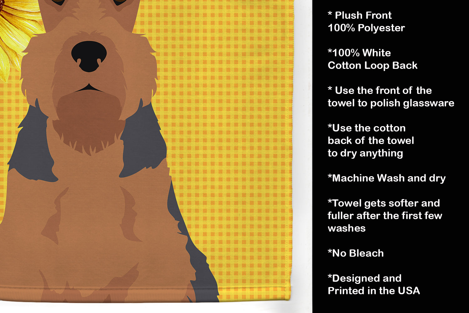 Summer Sunflowers Grizzle and Tan Airedale Terrier Kitchen Towel Velour Plush Front and Cotton Loop Back Machine Washable