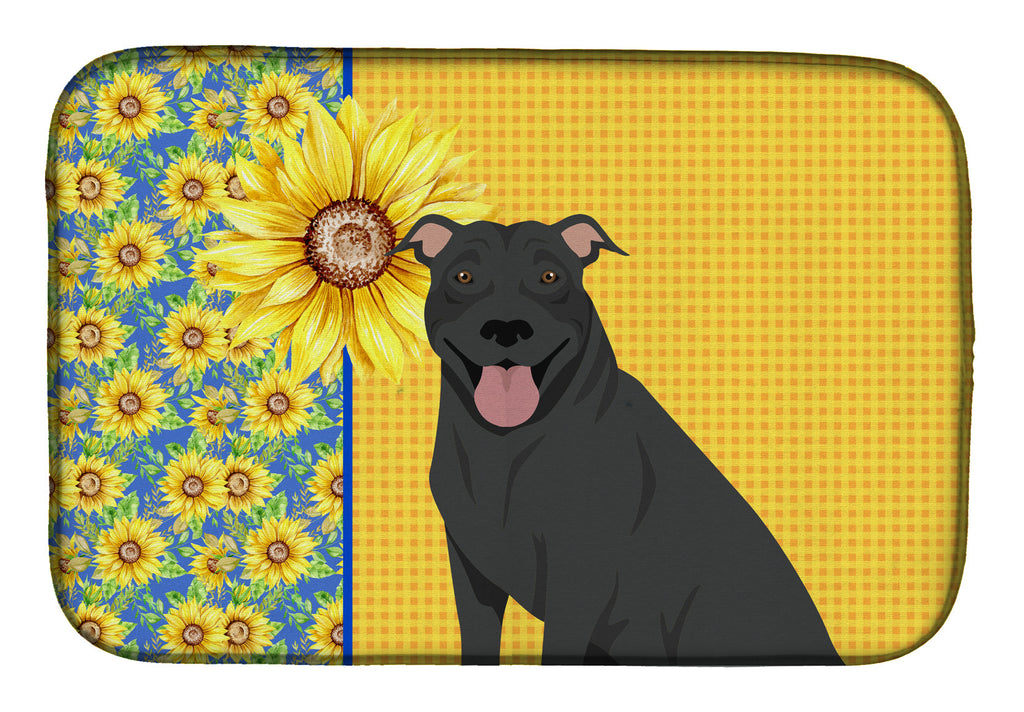 Summer Sunflowers Black Pit Bull Terrier Dish Drying Mat Absorbent Dish Drying Mat Pad for Kitchen Counter Dish Drainer Mat for Countertop, 14 x 21", Multicolor