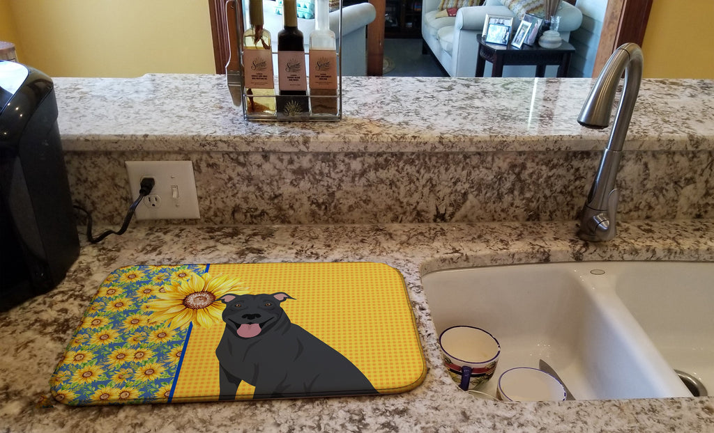 Summer Sunflowers Black Pit Bull Terrier Dish Drying Mat Absorbent Dish Drying Mat Pad for Kitchen Counter Dish Drainer Mat for Countertop, 14 x 21", Multicolor