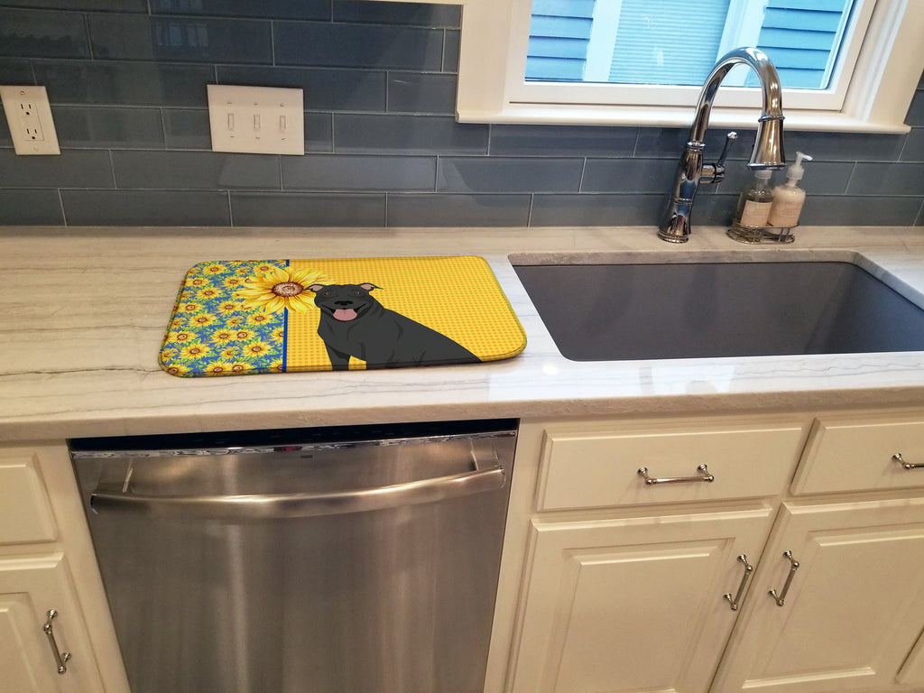 Summer Sunflowers Black Pit Bull Terrier Dish Drying Mat Absorbent Dish Drying Mat Pad for Kitchen Counter Dish Drainer Mat for Countertop, 14 x 21", Multicolor