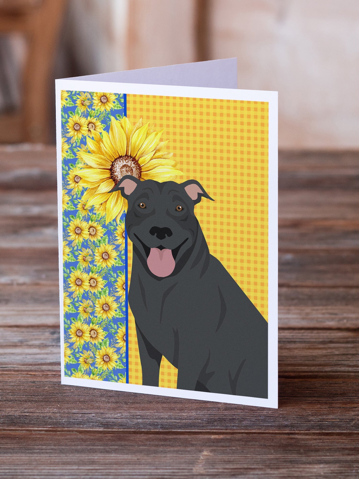 Summer Sunflowers Black Pit Bull Terrier Greeting Cards Pack of 8 Blank Cards with Envelopes Whimsical A7 Size 5x7