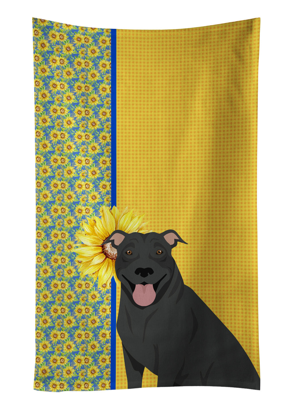 Summer Sunflowers Black Pit Bull Terrier Kitchen Towel Velour Plush Front and Cotton Loop Back Machine Washable
